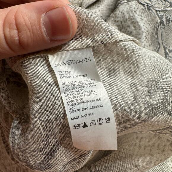 Zimmermann Beige Snake Printed Linen & Silk Corsage Safari Shirt Size 6 NWT - Picture 8 of 8